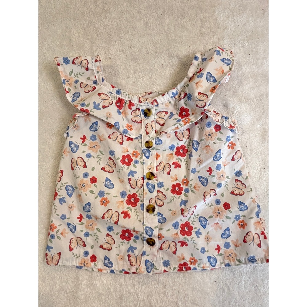 My Destiny Toddler Girls Butterfly Floral Ruffle Button‎ Front Top White 24M